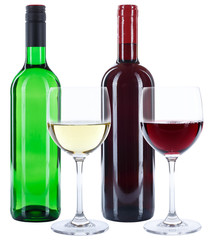 Wine bottles glasses red and white alcohol isolated