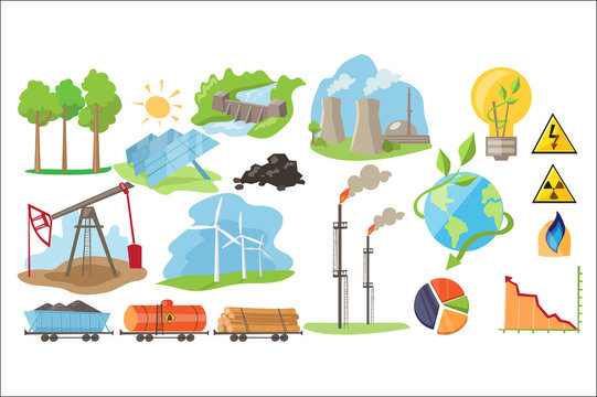 Types of natural resources for producing eco energy. Electricity production industry. Alternative source of power. Colorful flat vector icons
