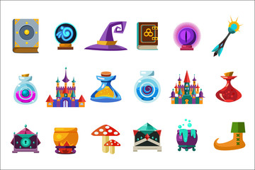 Flat vector set of fabulous items for mobile game. Book, magic ball, wizard hat, bottles with elixirs, castle, cauldrons, mushrooms. Gaming resources