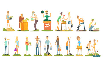 Flat vector set of farmers doing their job selling vegetables, cultivating, gardening and harvesting. Young and old people