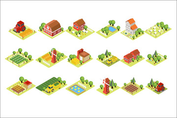Isometric farm set. House, fields with harvest, grazing sheep, windmills, agricultural machines and wooden barns. Vector elements for mobile game