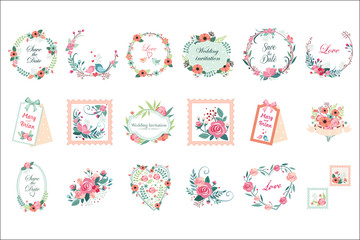 Vector set of beautiful floral frames, borders and labels. Save the date. Graphic elements for wedding invitation, romantic postcard or print