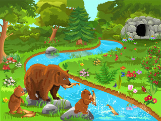 vector illustration of a bear family coming to the river to eat fish