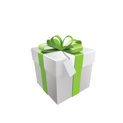 white gift box with green ribbon and bow. Vector 3d illustration