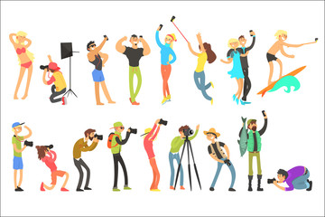 Flat vector set of people taking pictures. Selfie and professional photographs. Photographers with digital cameras. Guys and girls with phones