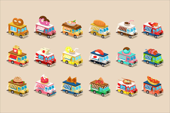 Colorful flat vector set of isometric food trucks. Vans with ice-cream, doughnut, burger, pretzel, pizza, hot dog, french fries and soda on roof