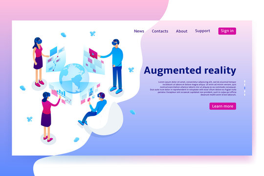 Virtual augmented reality concept. Modern Concept of with people learning different information in VR glasses. Vector Illustration with isometric men and women.