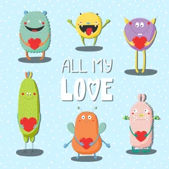 Foto op Canvas Collection of hand drawn cute funny cartoon monsters holding hearts, with text All my love. Isolated objects. Vector illustration. Design concept for children, Valentines day. © Maria Skrigan