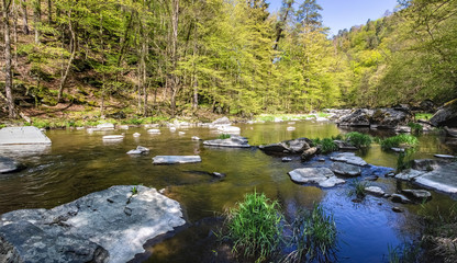 Stony river in spring forest under blue sky