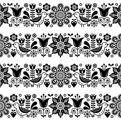 Folk art seamless vector floral pattern, Scandinavian black and white repetitive design, Nordic ornament - 202305926