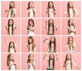 The collage of different human facial expressions, emotions and feelings of young teen girl.