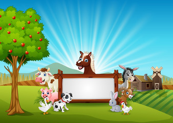 Farm animals with a blank sign wood