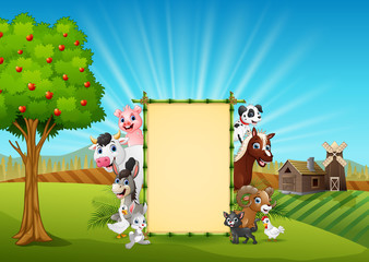 Farm animals with a blank sign bamboo
