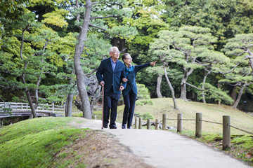 Fototapeta premium おじいちゃんとおばあちゃんが公園を散歩しています