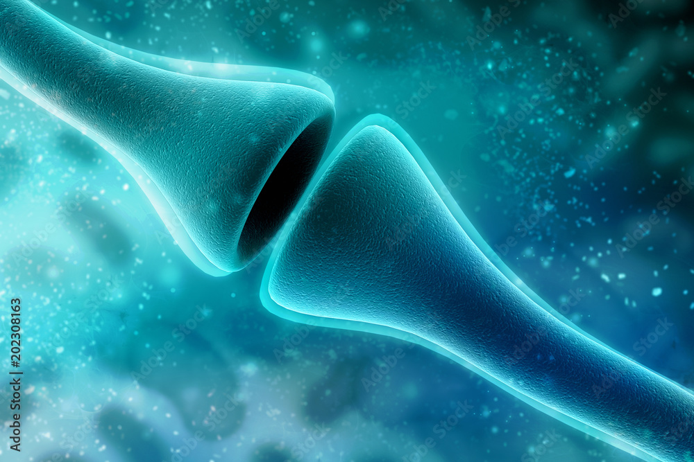 Wall mural synapse and neuron cells sending electrical chemical signals. 3d rendering