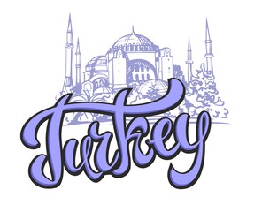 Obraz premium Travel. trip to Turkey. the city of Istanbul. Sketch. The Hagia Sophia. The design concept for the tourism industry. Vector illustration.