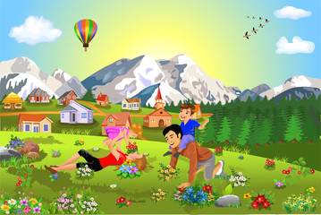 happy family enjoying summer vacation and leisure time in countryside landscape