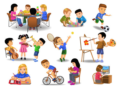 collection of children doing different school and leisure time activities 