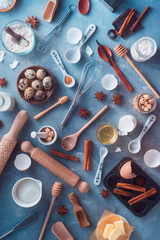 Pattern with baking tools and ingredients on a textured concrete background. Cooking utensils flat...