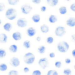 Seamless watercolor polka dots pattern in shades of pastel cobalt blue. Hand painted all over texture.