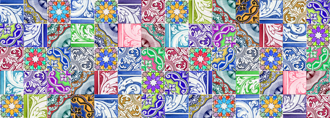 Composition of typical portuguese decorations with colored ceramic tiles called -azulejos- It's a seamless texture that can be repeated modularly to create a uniform and continuously background