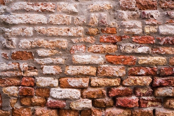Texture of old red brick wall. Close up.