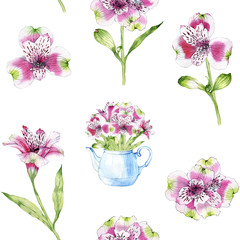 hand drawn watercolor seamless pattern of flowers of Alstroemeria