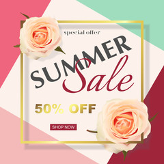 Summer sale Concept. Summer sale poster with roses flowers. Template Vector.