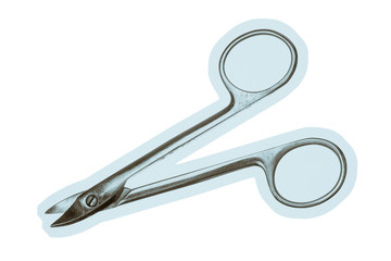 Crown scissors close-up on white background. Vertical-curved, high-durability. Isolated image of medical scissors. Vintage image of dental tool.