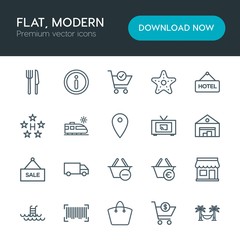 Modern Simple Set of hotel, shopping, travel Vector outline Icons. Contains such Icons as  message, summer,  internet,  knife,  money,  web and more on white background. Fully Editable. Pixel Perfect