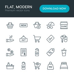 Modern Simple Set of hotel, shopping, travel Vector outline Icons. Contains such Icons as  market,  shop, bedroom,  desk,  measurement, soda and more on white background. Fully Editable. Pixel Perfect