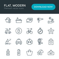 Modern Simple Set of hotel, shopping, travel Vector outline Icons. Contains such Icons as  basket,  cream,  vacation, balloon,  cab,  sun and more on white background. Fully Editable. Pixel Perfect