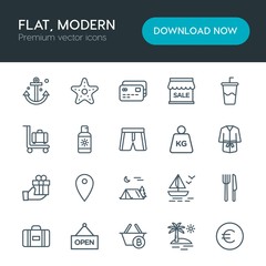Modern Simple Set of hotel, shopping, travel Vector outline Icons. Contains such Icons as  bank,  landscape,  location, fork,  baggage, sign and more on white background. Fully Editable. Pixel Perfect