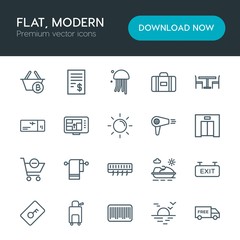 Modern Simple Set of hotel, shopping, travel Vector outline Icons. Contains such Icons as  towel, water,  bill, banner,  check,  bag,  beach and more on white background. Fully Editable. Pixel Perfect