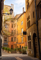 Colorful street, Rue de Boeuf, in Vieux Lyon, the old town of the city of Lyon.