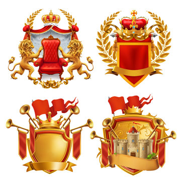 Royal coat of arms. King and kingdom, 3d vector emblem set
