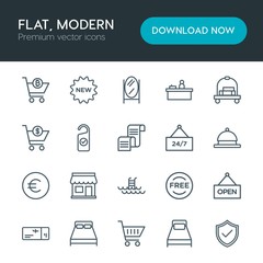 Modern Simple Set of hotel, shopping, travel Vector outline Icons. Contains such Icons as  airplane,  cashier,  transportation,  desk,  room and more on white background. Fully Editable. Pixel Perfect