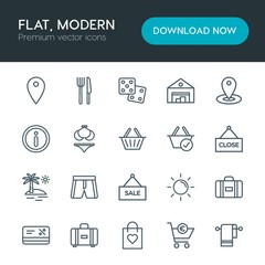 Modern Simple Set of hotel, shopping, travel Vector outline Icons. Contains such Icons as  bag,  vacation,  soft,  shop,  knife,  gift, dice and more on white background. Fully Editable. Pixel Perfect