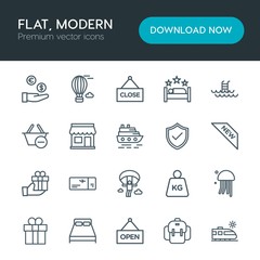 Modern Simple Set of hotel, shopping, travel Vector outline Icons. Contains such Icons as  animal,  measurement, bedroom,  plane, ticket and more on white background. Fully Editable. Pixel Perfect