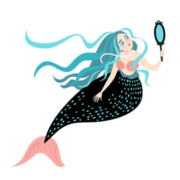 Funny cartoon mermaid with a mirror. Cute isolated vector illustration on white background