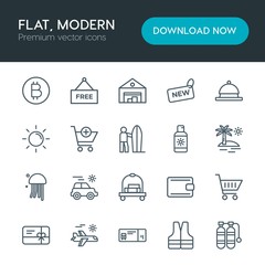 Modern Simple Set of hotel, shopping, travel Vector outline Icons. Contains such Icons as  air,  underwater,  car,  warehouse,  airplane and more on white background. Fully Editable. Pixel Perfect
