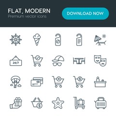 Modern Simple Set of hotel, shopping, travel Vector outline Icons. Contains such Icons as  cart, luggage, sweet,  ocean,  boat,  suitcase and more on white background. Fully Editable. Pixel Perfect
