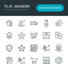 Fototapeta premium Modern Simple Set of hotel, shopping, travel Vector outline Icons. Contains such Icons as shipping, sign, paragliding, save, circle and more on white background. Fully Editable. Pixel Perfect