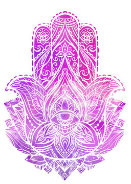 Illustration of Hamsa with boho pattern and pink watercolor background. Buddhas hand. Vector element for your sketch of tattoo, coloring book, T-shirt print and your design.