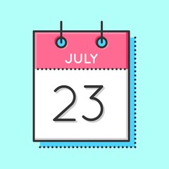 Vector Calendar Icon. Flat and thin line vector illustration. Calendar sheet on light blue background. July 23th. World day of whales dolphins