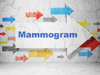 Healthcare concept:  arrow with Mammogram on grunge textured concrete wall background, 3D rendering