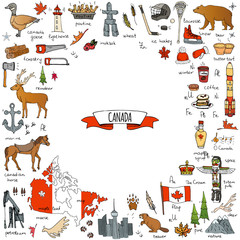 Hand drawn doodle Canada icons set Vector illustration isolated symbols collection of canadian symbols Cartoon elements: bear, map, flag, maple, beaver, deer, goose, totem pole, horse, hockey, poutine