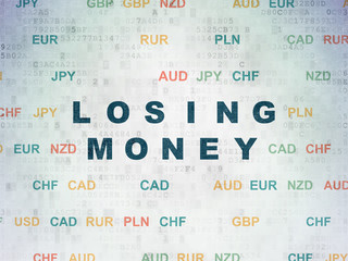 Banking concept: Painted blue text Losing Money on Digital Data Paper background with Currency