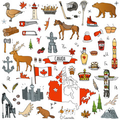 Hand drawn doodle Canada icons set Vector illustration isolated symbols collection of canadian symbols Cartoon elements: bear, map, flag, maple, beaver, deer, goose, totem pole, horse, hockey, poutine