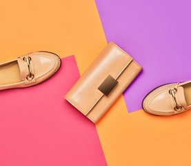 Fashion Design Woman Accessories Set. Pop Art Colors. Trendy Handbag Clutch. Flat lay. Glamor Shiny Shoes. Luxury Minimal Outfit